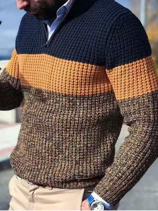 Men's Stand-Up Collar Zippered Half-Platform Color-Blocked Casual V-Neck Sweater  kakaclo Yellow M 