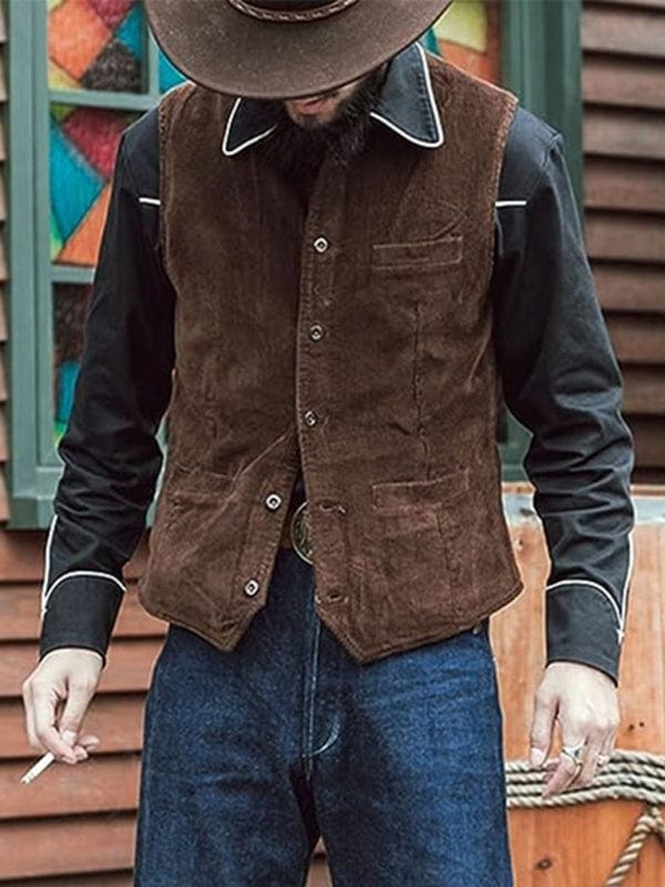 Men's Solid Color Casual V-neck Slim Retro Vest Jackets kakaclo Brown M 