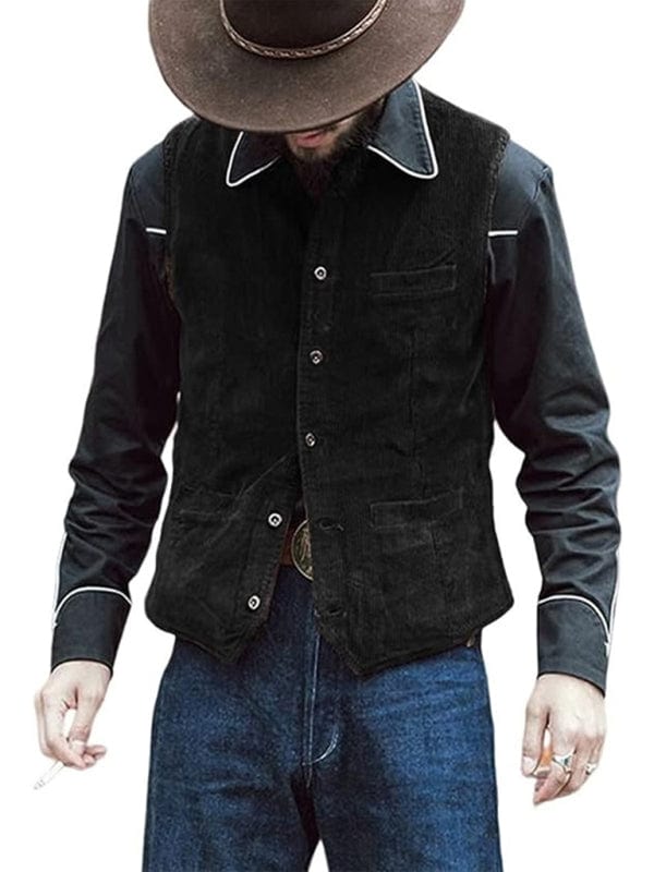 Men's Solid Color Casual V-neck Slim Retro Vest Jackets Pioneer Kitty Market Black M 