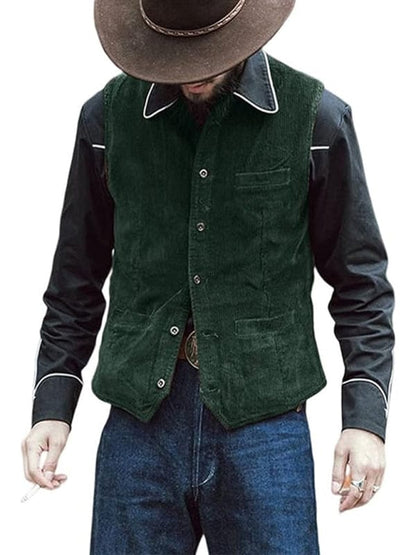 Men's Solid Color Casual V-neck Slim Retro Vest Jackets Pioneer Kitty Market Green M 