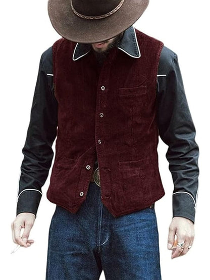 Men's Solid Color Casual V-neck Slim Retro Vest Jackets Pioneer Kitty Market Wine Red M 