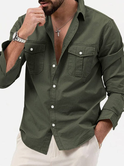 Men's Multi-Pocket Casual Long-Sleeved Shirt  kakaclo Olive green S 