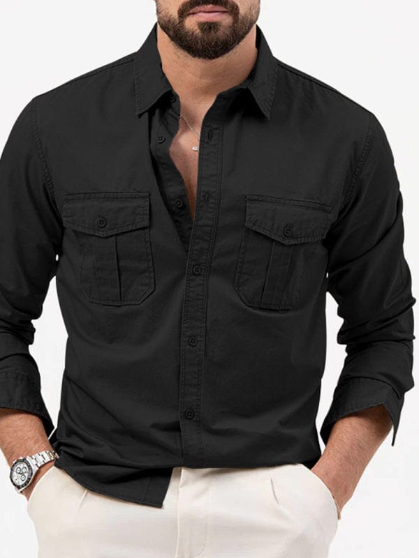 Men's Multi-Pocket Casual Long-Sleeved Shirt  kakaclo Black S 