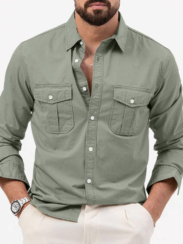 Men's Multi-Pocket Casual Long-Sleeved Shirt  kakaclo Grey green S 