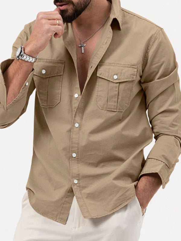 Men's Multi-Pocket Casual Long-Sleeved Shirt  kakaclo Khaki S 