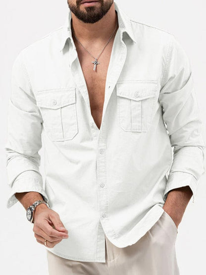 Men's Multi-Pocket Casual Long-Sleeved Shirt  kakaclo White S 