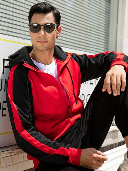 Men's Color Contrast Zipper Hoodie Jacket  kakaclo Red and Black S 