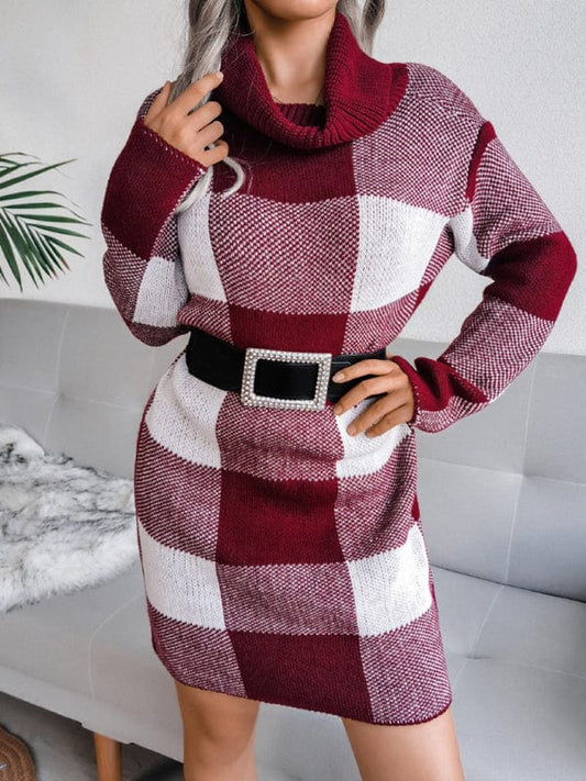 Women's Casual Plaid High Collar Wool Knitted Dress