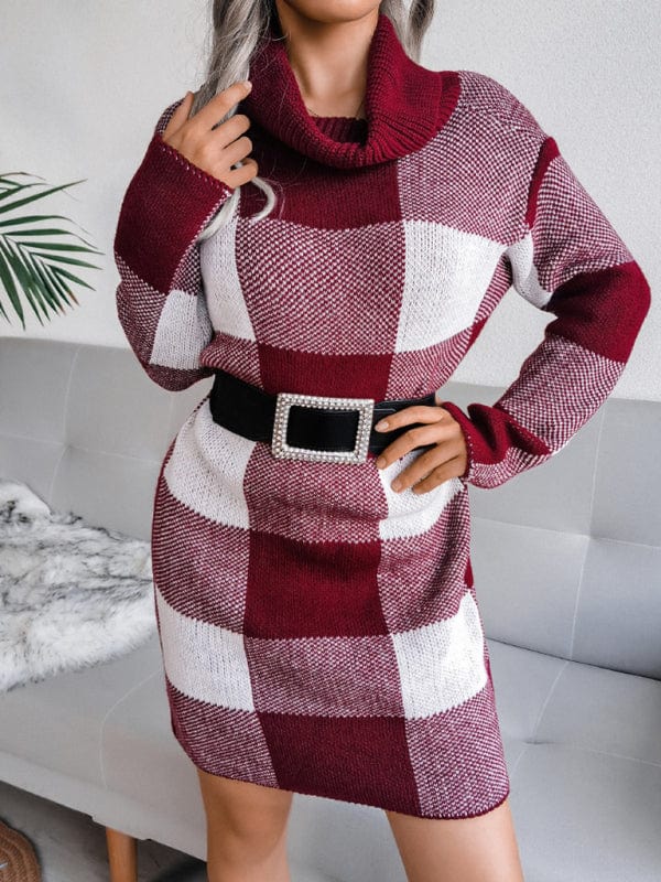 Women's Casual Plaid High Collar Wool Knitted Dress  Pioneer Kitty Market Wine Red S 