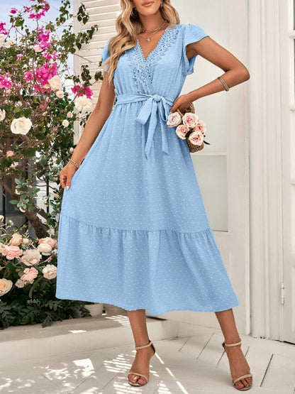 Women's Casual Solid Color Casual Tie Waist Lace V-neck Dress  Pioneer Kitty Market Blue S 