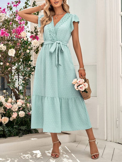 Women's Casual Solid Color Casual Tie Waist Lace V-neck Dress