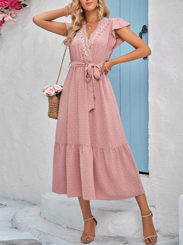 Women's Casual Solid Color Casual Tie Waist Lace V-neck Dress