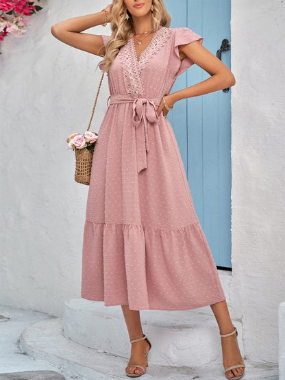 Women's Casual Solid Color Casual Tie Waist Lace V-neck Dress  Pioneer Kitty Market   