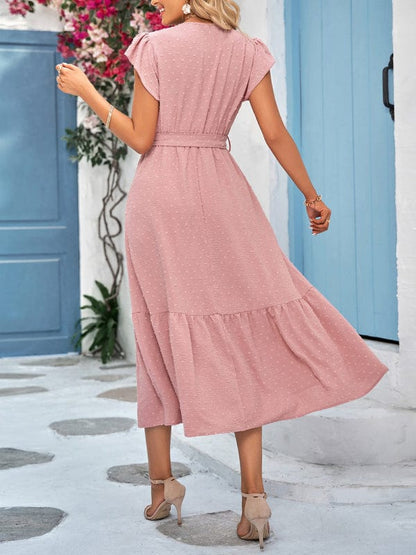 Women's Casual Solid Color Casual Tie Waist Lace V-neck Dress - Pioneer Kitty Market