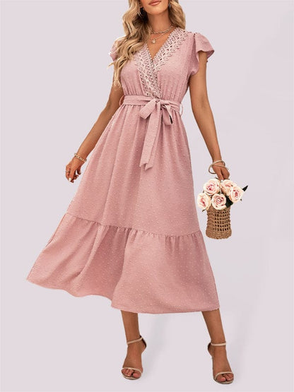 Women's Casual Solid Color Casual Tie Waist Lace V-neck Dress - Pioneer Kitty Market