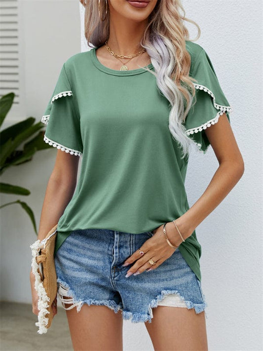 Round Neck Tassel Tulip Sleeve T-Shirt Casual Top Women shirts Pioneer Kitty Market Green S 