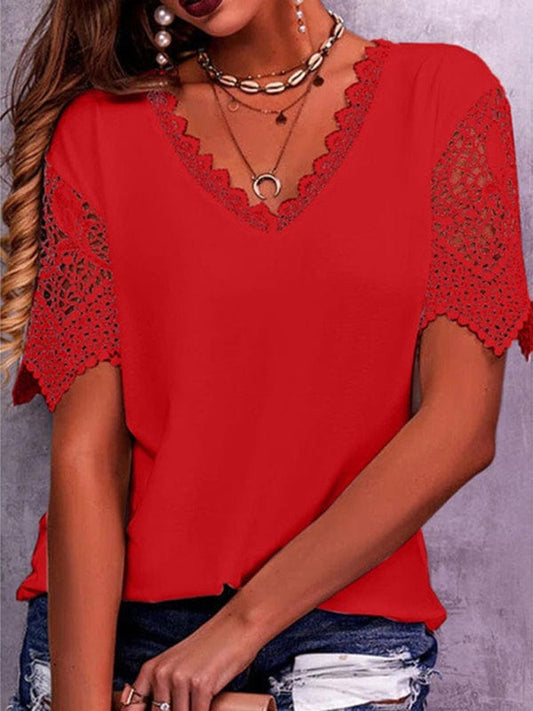 Women's Lace-Trim Short Sleeve Shirt Shirt Pioneer Kitty Market Red S 