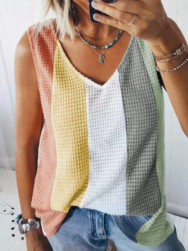 Women's Knit V-Neck Waffle Contrast Tank Top Shirts & Tops kakaclo Pattern S 