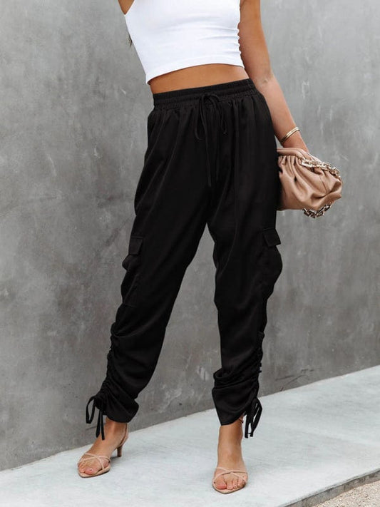 Women's Casual Fashion Bandage Elastic Waist Pocket Trousers Pants kakaclo Black S 