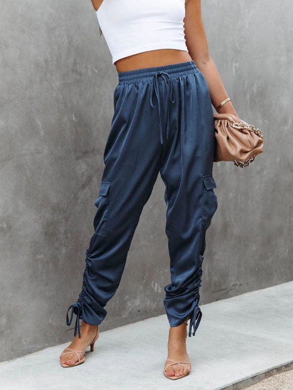 Women's Casual Fashion Bandage Elastic Waist Pocket Trousers Pants kakaclo Purplish blue navy S 